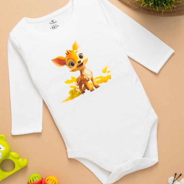 6-12 Months Unisex Newborn White Cotton Romper | Deer Animal  Printed Design | Cozy & Gentle on Baby’s Skin