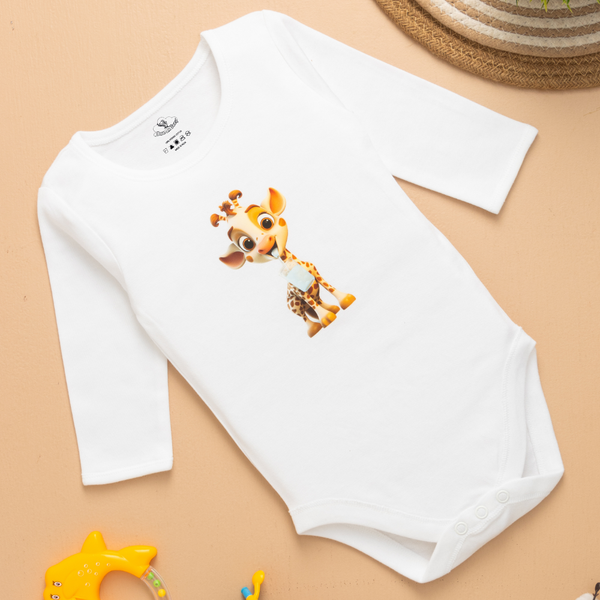 6-12 Months Soft & Comfortable White Printed Romper | Giraffe Animal Printed Design | Perfect for Baby Boy & Girl
