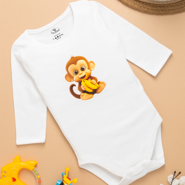 6-12 Months Charming White Romper with Prints | Newborn Baby Boy  & Girl Outfit | Monkey Animal Printed Design