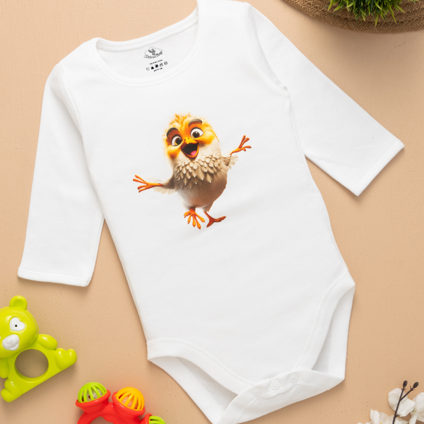 6-12 Months Baby Boy & Girl White Cotton Romper | Yellow Owl Bird Printed Design | Newborn Baby Boy & Girl Romper